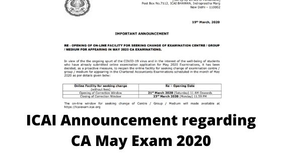 ICAI Announcement regarding CA May Exam 2020